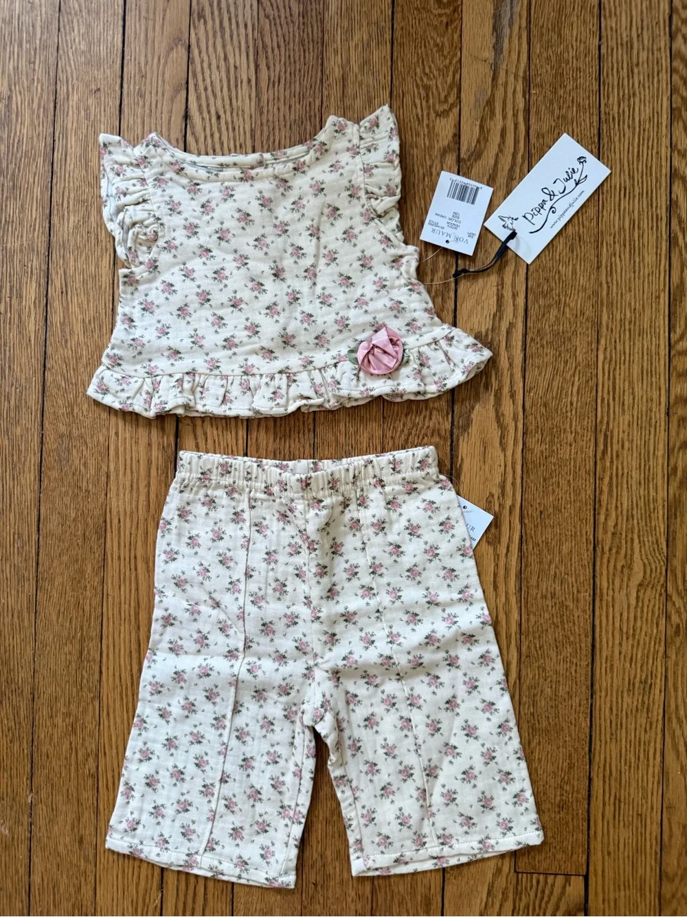 Pippa & Julie Cream Floral Ruffle Top and Pant Set - Size 12 Months - NWT